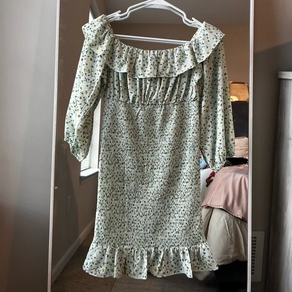 knee length dresses for ladies Mint Off-Shoulder Floral Ruffle Mini Dress
